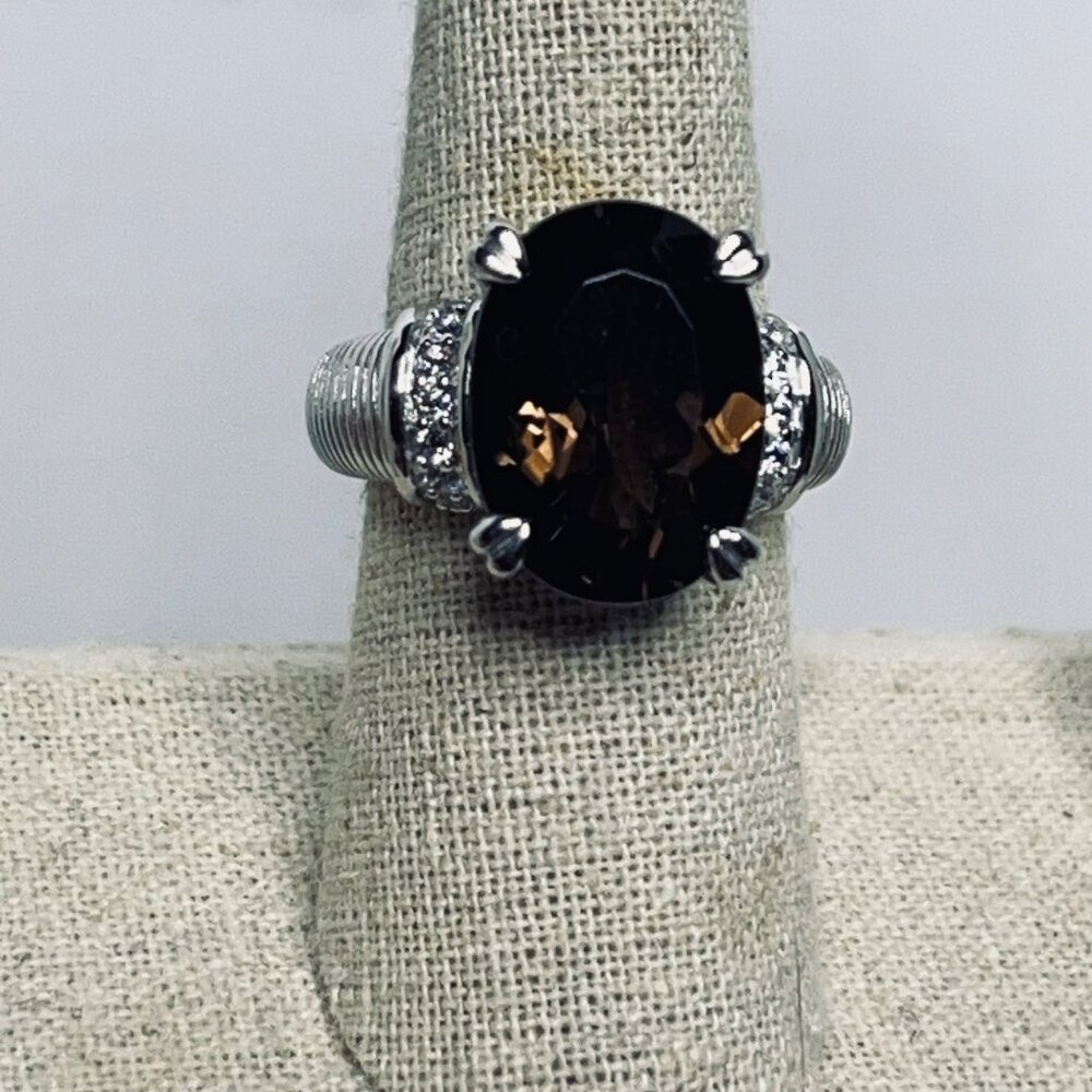 Judith Ripka Sterling Silver Smokey Quartz And Clear CZ Statement Ring (R458)